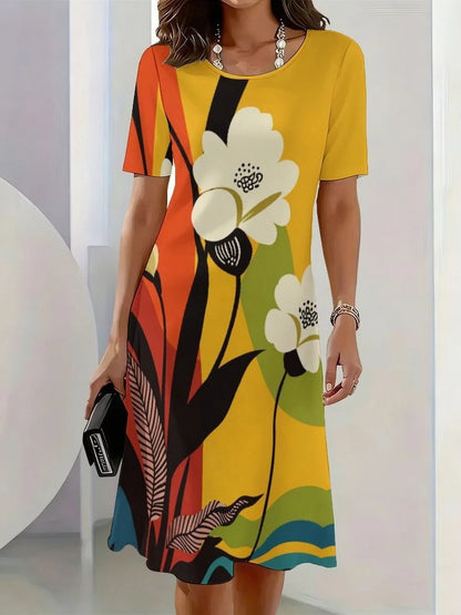 2026 New Elegant Floral Print Dresses for Women Round-Neck Short Sleeve Female Clothing Summer Travel Vacation Clothes for Woman