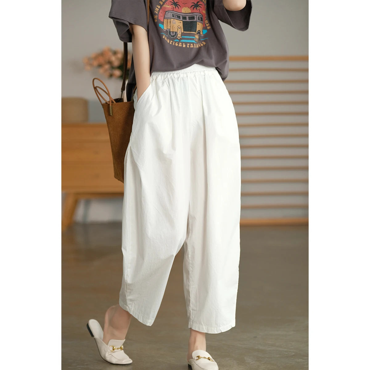 Summer New Cotton Linen Harem Pants Women Simple Artistic Pure Color Casual Versatile Nine Points Slimming Trousers