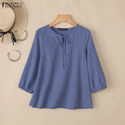 ZANZEA Woman Vintage Gingham Blouses Keyhole Tie-Neck 3/4 Lantern Sleeves Check Loose Tops Autumn Casual OL Work Blusas Mujer