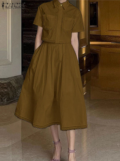 ZANZEA Womens Casual 2 Piece Sets Lace Trim Short Sleeve Crop Tops A-line Midi Skirts 2PCS Outfits Elegant Commute Skirt Sets