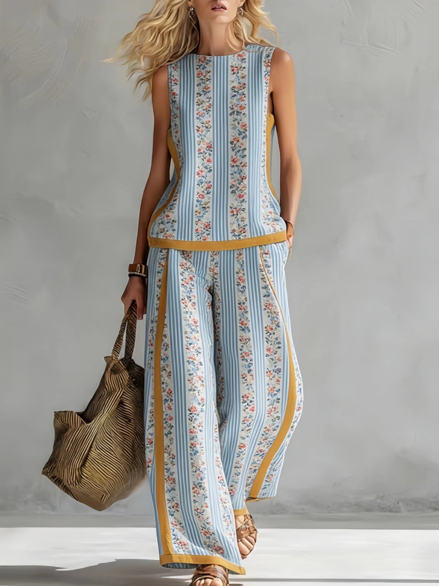 Fashion Retro Printed Sleeveless Tops Trousers 2-piece Set Women's Summer Casual Vest Loose Wide Leg Trousers Female Suit Pocket