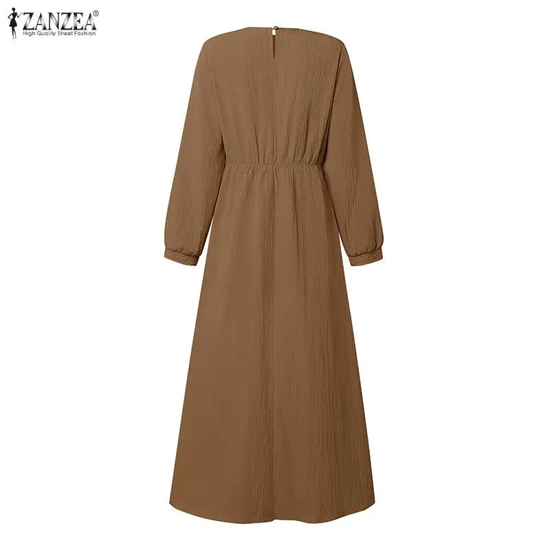 Modest Muslim Abaya Dress ZANZEA Ramadan Robe Women Elegant Long Sleeve Pleated Sundress Dubai Hijab Dresses Eid Kaftan Vestidos