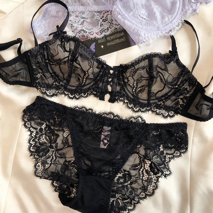 Sexy Hollow Bra French Ultra Thin Lace Embroidery Women Lingerie Set Underwire Push Up Bras Breathable Underwear and Panties Set