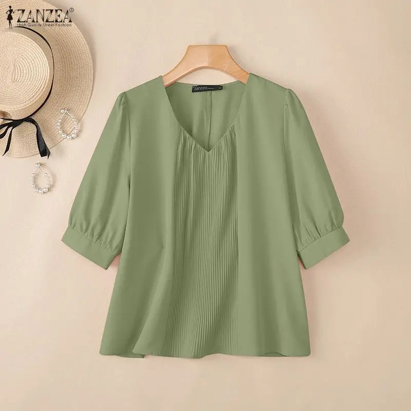 ZANZEA Elegant Plisse Detailing Blouses Women's Classy V-Neck 3/4 Puff Sleeve Solid Color Tops Summer Daily Wear Blusas de Mujer