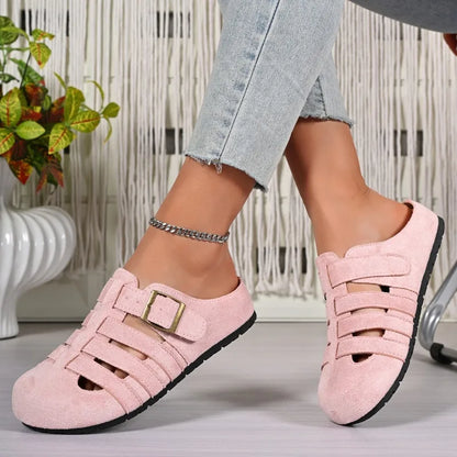 Women Summer Mules Suede Fisherman Shoes Closed Toe Buckle Cut-out Flat Casual Footwear Soft Sole Comfortable Slip-on