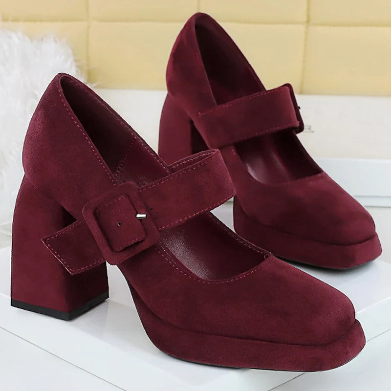 BIGTREE Shoes Spring Chunky Women Pumps Belt Buckle High Heels Square Headed Platform Heels Suede Block Heels Ladies Shoes New
