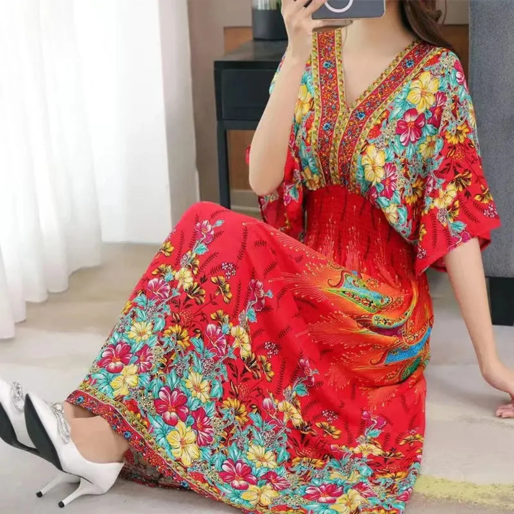 Casual Elegant Retro Bohemian National Style V-neck Elastic  Waist Large Swing Printed Summer Long Skirt Woman Dress Clothes