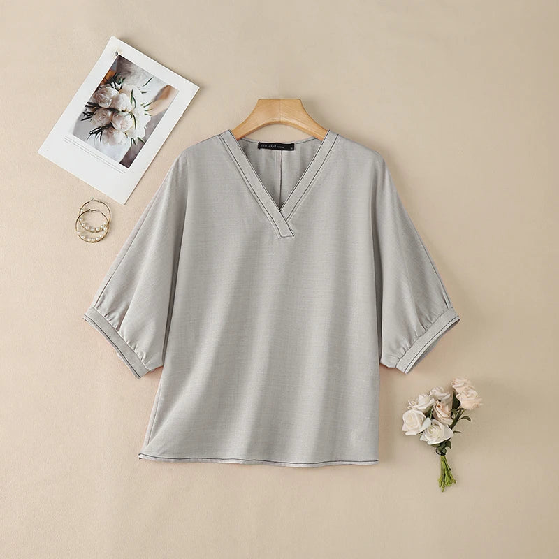 ZANZEA Contrast-Stitch V-Neck 3/4 Lantern Sleeve Blouses for Woman Casual Loose Pullover Tops Summer Daily Casual Blusa de Mujer