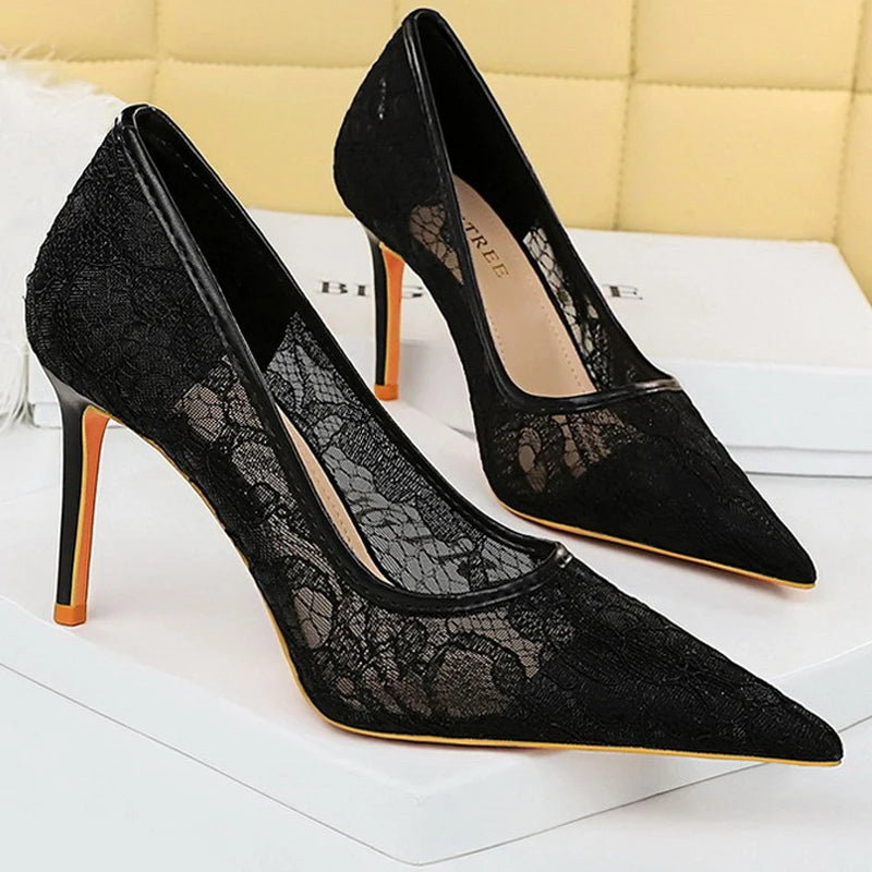 BIGTREE Shoes Wine Red Lace Women Pumps Mesh Hollow High Heels Sexy Party Shoes Stilettos Pointed Toe Female Pumps Tacones