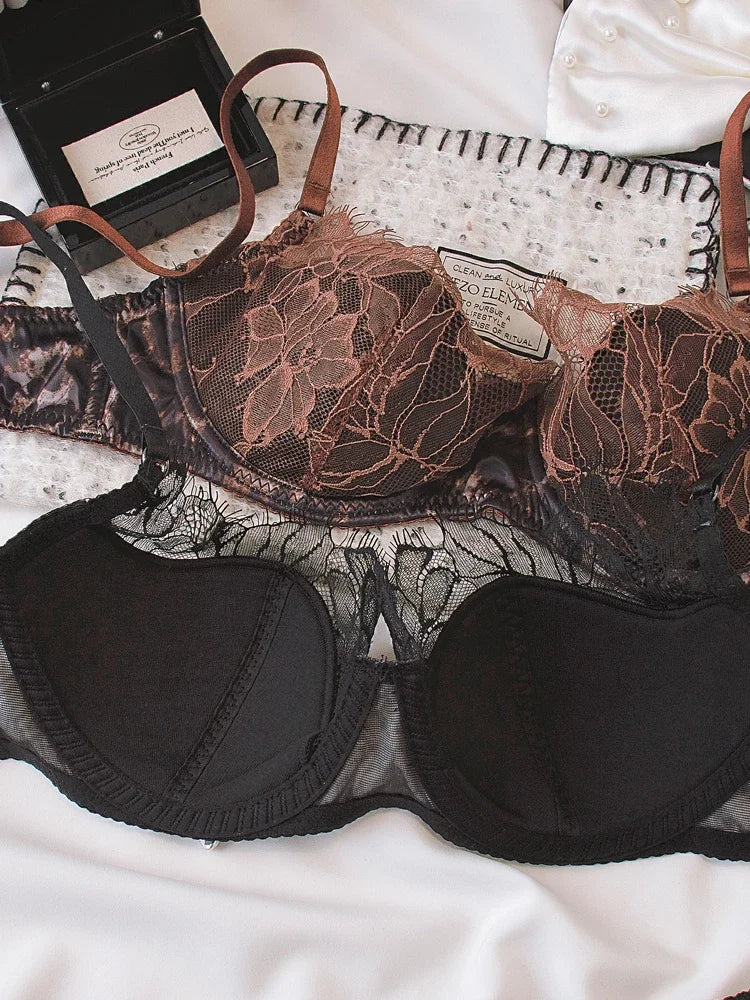 Sexy lace thin bra set female leopard underwear panties eyelash lingerie comfortable steel ring thin bras