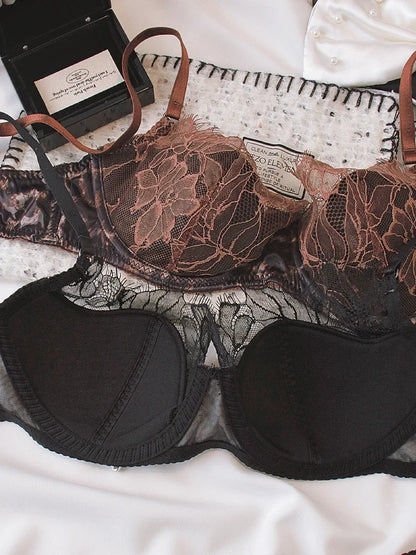 Sexy lace thin bra set female leopard underwear panties eyelash lingerie comfortable steel ring thin bras