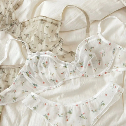 French Ultra Thin Lingerie Set Sexy Lace Floral Prints Bra Fashion Women Underwear Mesh Breathable Intimates Bras and Thong Sets