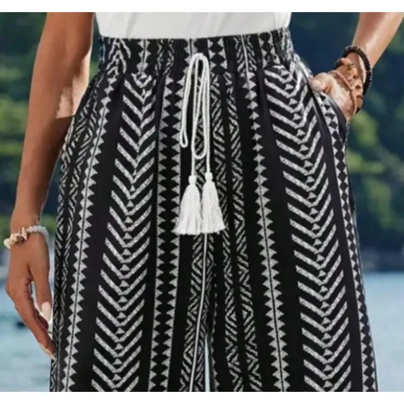 Plus Size 1XL-5XL New Women's Striped Printed Casual and Simple Wide Leg Pants Ladies Casual Lace Up Leg Pants