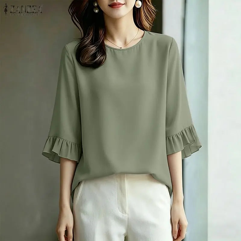 ZANZEA Women's Elegant Blouses 3/4 Flared Sleeve O-Neck Pullover Tops Summer Minimalist Casual Solid Color Blusas de Mujer
