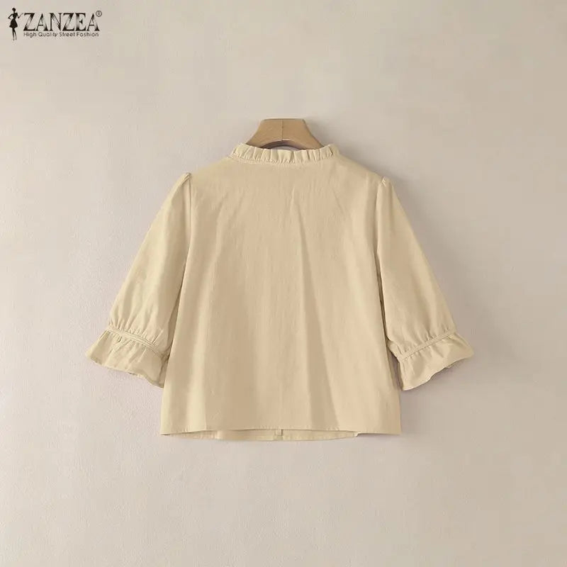 ZANZEA 2026 Women Cotton Linen Breathable Blouses Ruffled Trim V-Neck 3/4 Sleeve Thin Tops Summer Casual Solid Color Blusa Mujer