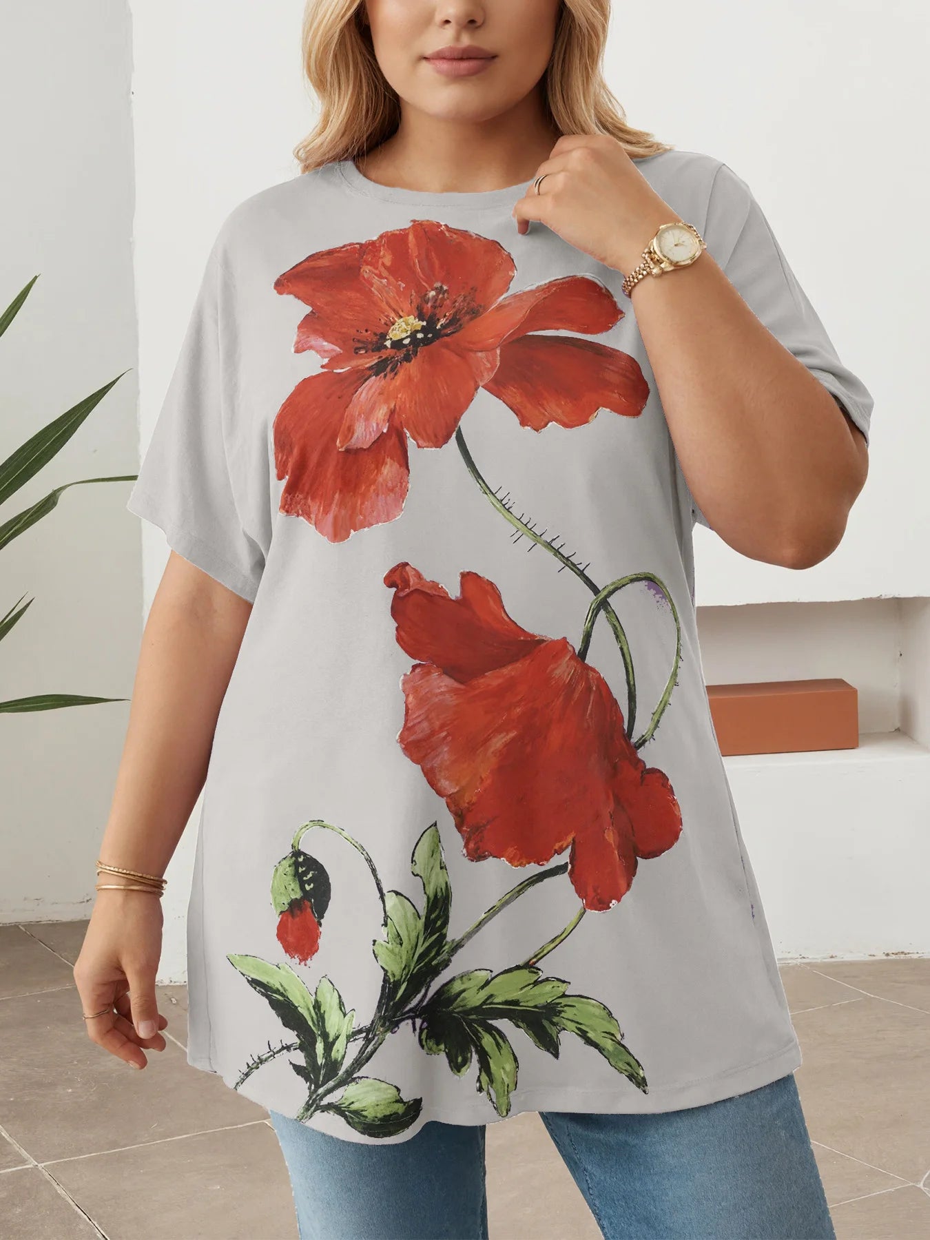 Plus Size Ladies Printed T-Shirt Loose Fit Multi-color Casual Short Sleeve O-Neck Daily Wear Tees