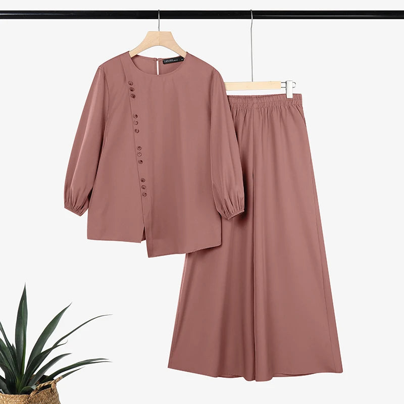 ZANZEA 2026 Summer Women Long Sleeve Irregular Blouse Wide Leg Pant Sets Muslim 2 Piece Sets Solid Color Work Outfits Tracksuit
