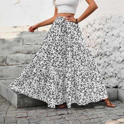 Women High Waist Floral Print A-Line Three Tiered Maxi Skirt Long Ruffle Trim Boho Summer Vacation Holiday Skirt Vestidos