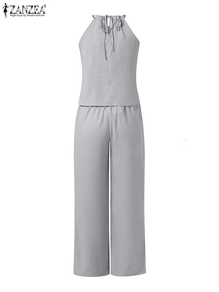 ZANZEA Women's Streetwear 2 Pieces Pant Sets 2026 Summer Fashion Sleeveless Halter Tops & Elastic Waist Pants Suits 2PCS Outfits
