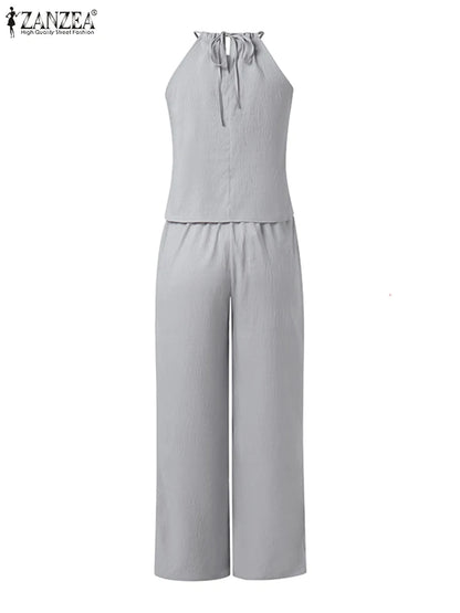 ZANZEA Women's Streetwear 2 Pieces Pant Sets 2026 Summer Fashion Sleeveless Halter Tops & Elastic Waist Pants Suits 2PCS Outfits