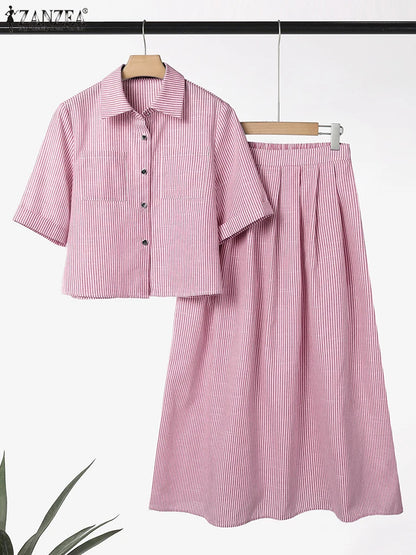 ZANZEA Stylish Office Women Outfits Summer 2 Piece Sets Elegant Lapel Neck Short Sleeve Shirt Midi Dress Sets Stripe Tracksuit