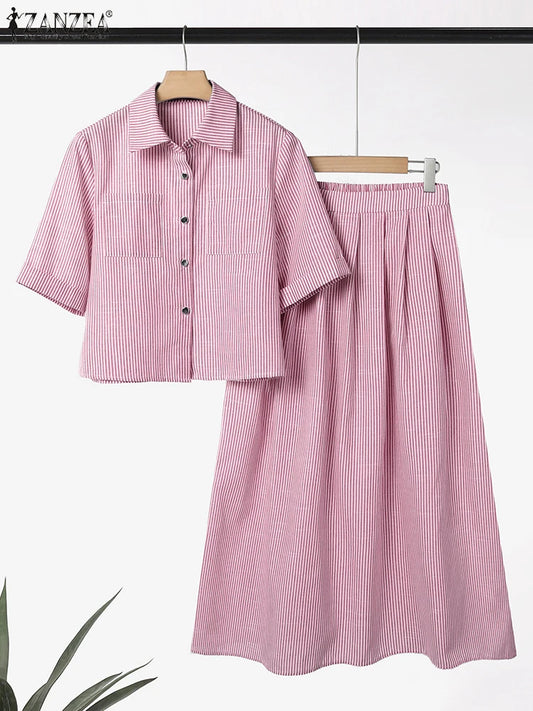 ZANZEA Stylish Office Women Outfits Summer 2 Piece Sets Elegant Lapel Neck Short Sleeve Shirt Midi Dress Sets Stripe Tracksuit