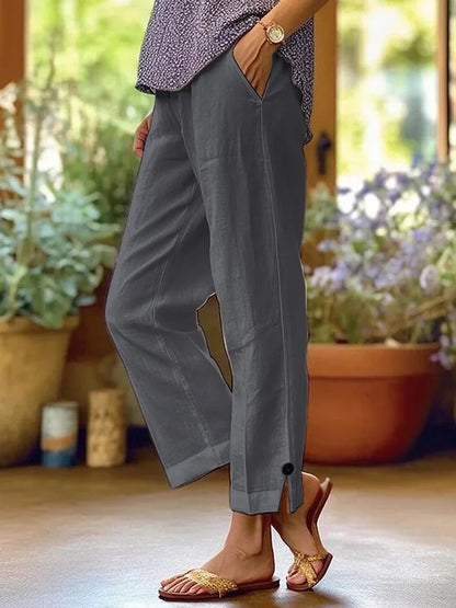 Women's Casual Pants Cotton and Linen Blend Elastic Waist Pocket Fashion Simple Slit Button Basic Versatile Straight Leg Pants