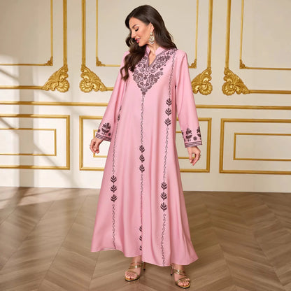 Fashionable Muslim Women's Printed Robe New Dubai Arab Elegant V-neck Long Dress For Outerwear Dubai Luxury Islam Elegant