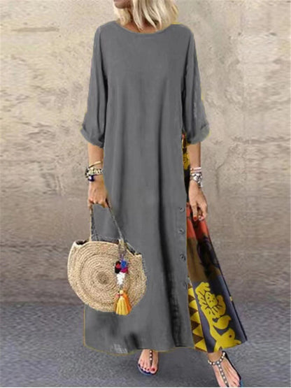Women Vintage Harajuku Long Dress Bohemian Stitching Print 3/4 Sleeve O Neck Loose Oversized Maxi Dress Casual Elegant Robe
