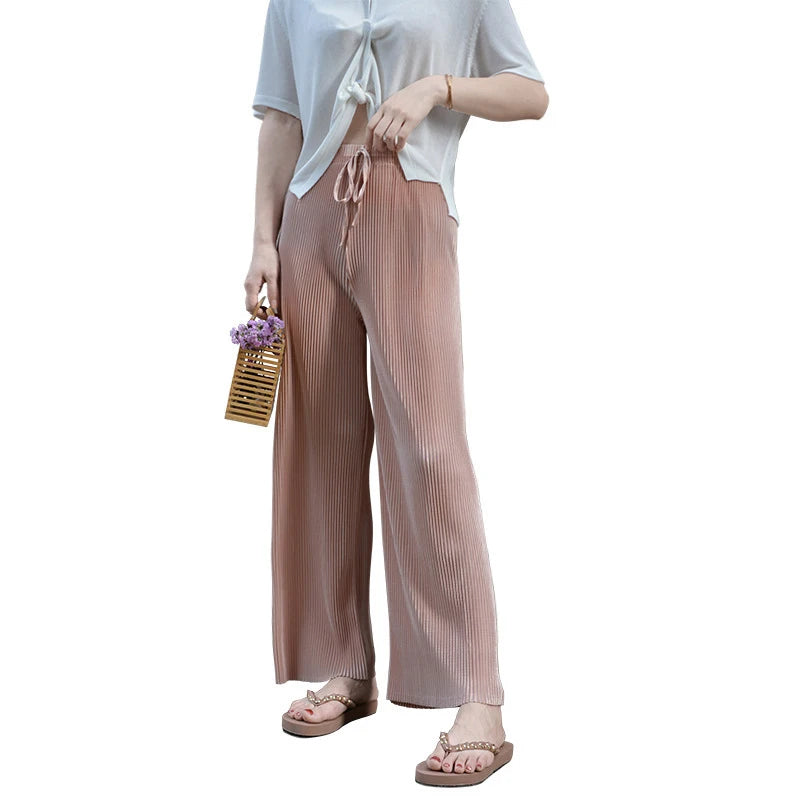 Women Fashion Summer Wide Leg Pants Pleated Ice Silk Trousers Elastic Waist Loose Casual Pants