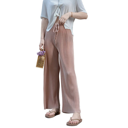 Women Fashion Summer Wide Leg Pants Pleated Ice Silk Trousers Elastic Waist Loose Casual Pants