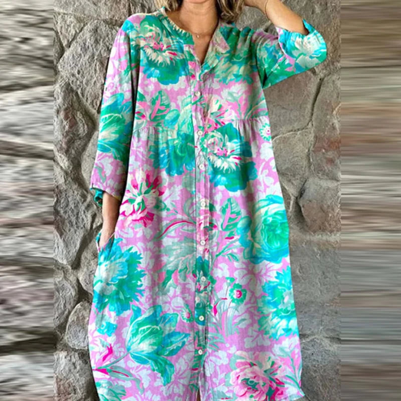 Bohemian Loose Single Breasted Dress Women's Casual O-neck Pocket Commuting Dress Spring Summer Floral Print Long Sleeved Dress