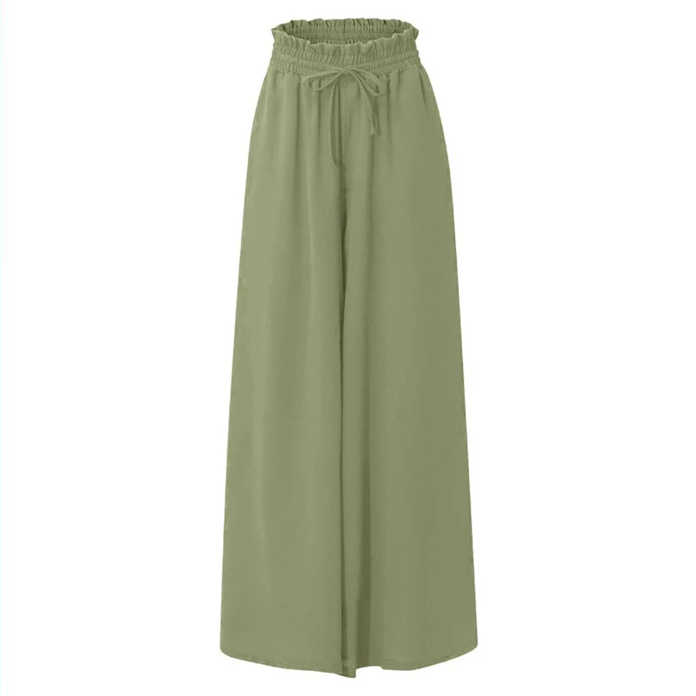 Women Summer Autumn Elegant Solid Chiffon Pants Casual Elastic Waist Wide Leg Pants Loose Straight Trouser Vacation Beach Street