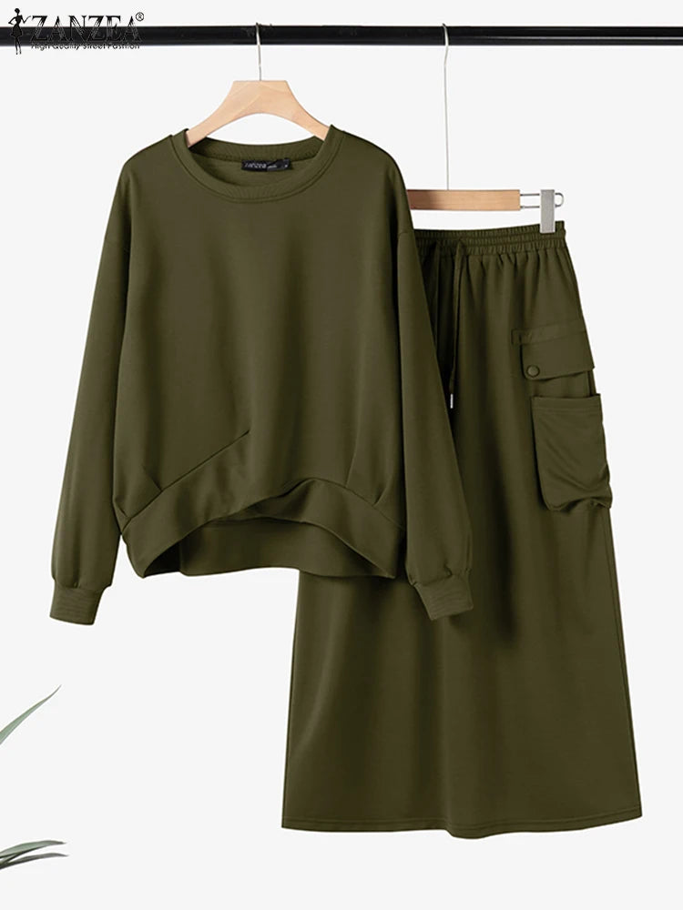 Stylish Autumn Sweatshirts Dress Sets 2025 ZANZEA Spring 2pcs Outfits Women Long Sleeve Hoodies Tops Sundress OL Matching Sets