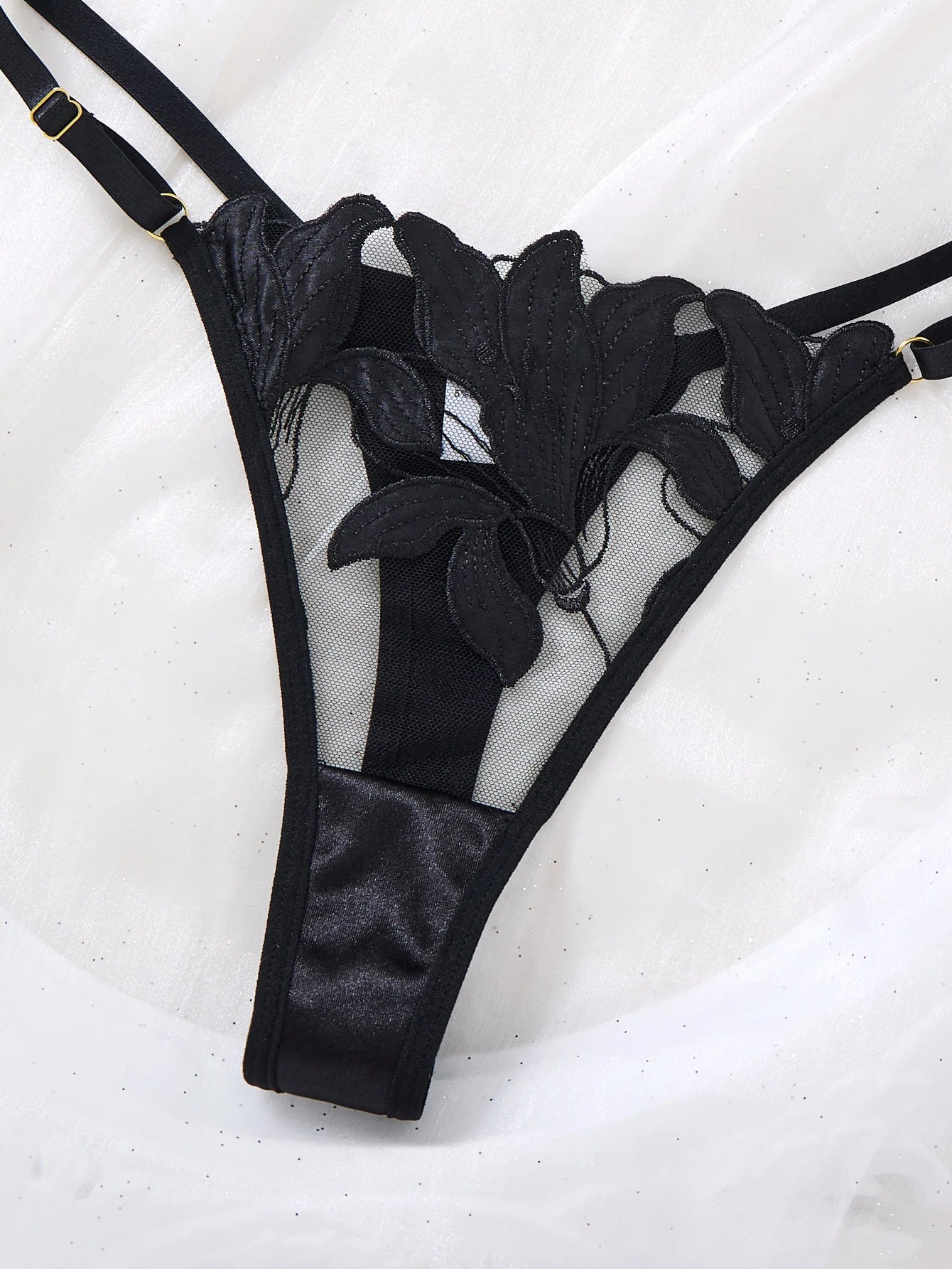 Sexy Women Black Floral Embroidery Lingerie Set Harness Strap Design Sheer Mesh Bra Thong Nightwear S‑XL