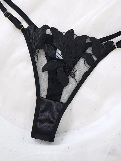 Sexy Women Black Floral Embroidery Lingerie Set Harness Strap Design Sheer Mesh Bra Thong Nightwear S‑XL