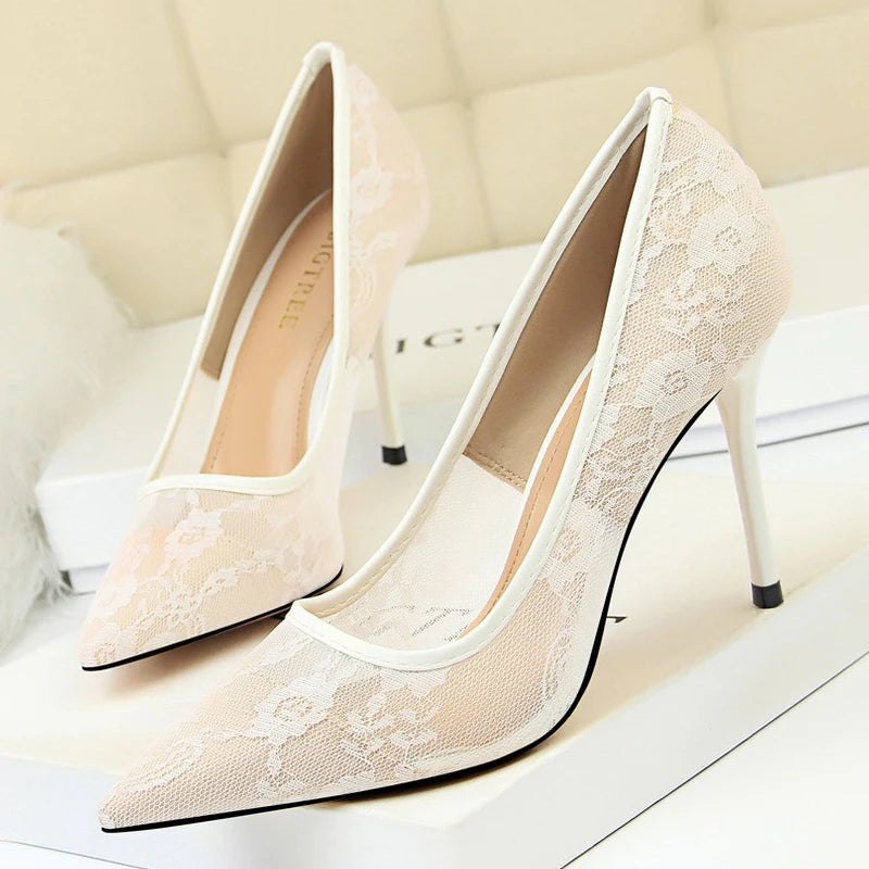 BIGTREE Shoes Mesh Hollow Lace Women Pumps Sexy Party Shoes High Heels Wedding Shoes Lace Stiletto Heels 9 cm Ladies Shoes 2026