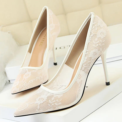 BIGTREE Shoes Mesh Hollow Lace Women Pumps Sexy Party Shoes High Heels Wedding Shoes Lace Stiletto Heels 9 cm Ladies Shoes 2026