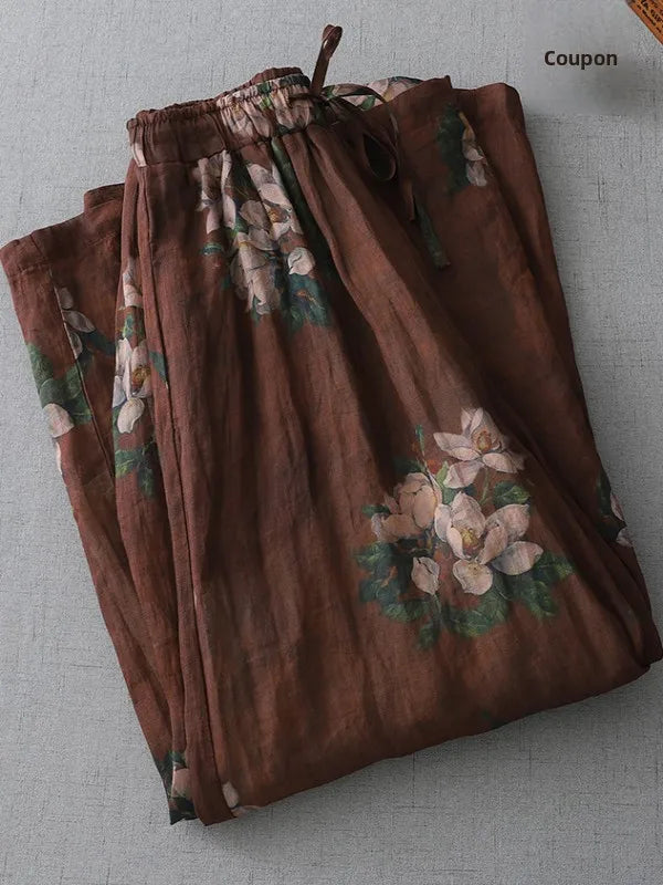 High Waist Large Size Casual Pants Floral Print Linen Wide Leg Pants Artistic Versatile National Style Casual Comfortable Summer