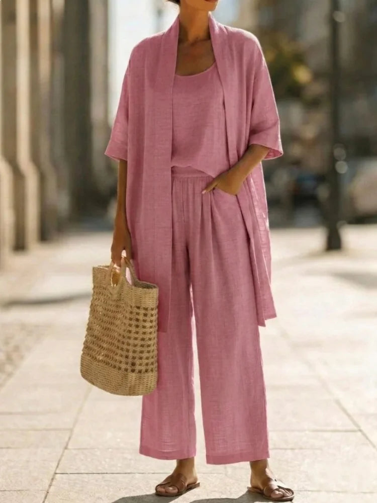 Casual Solid Cotton Linen Loose Vest Shirt Trouser 3pc Set Women Short Sleeve Cardigan Wide Leg Pants Suits Summer Lady Outfits