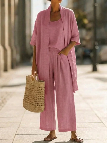 Casual Solid Cotton Linen Loose Vest Shirt Trouser 3pc Set Women Short Sleeve Cardigan Wide Leg Pants Suits Summer Lady Outfits