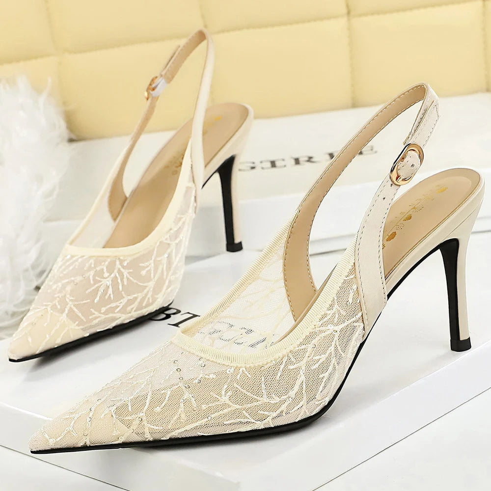 BIGTREE Shoes Lace Mesh High-heeled Sandals Women Shoes Summer Buckle Sexy Party Shoes Women Pumps Stiletto Heels 8 CM