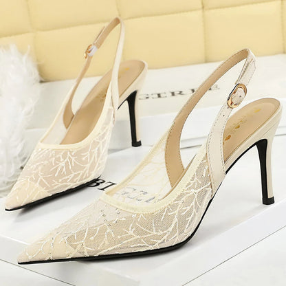 BIGTREE Shoes Lace Mesh High-heeled Sandals Women Shoes Summer Buckle Sexy Party Shoes Women Pumps Stiletto Heels 8 CM