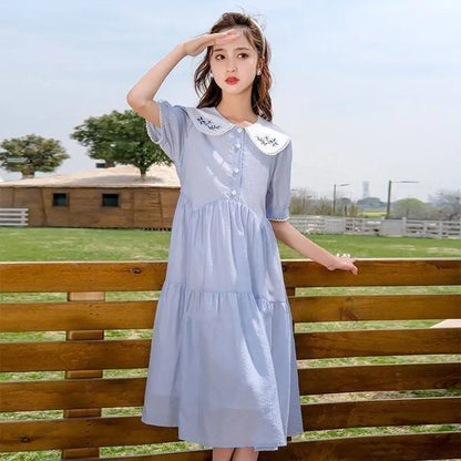 Cute Blue Girls Princess Party Dresses Fashion Summer Kids Birthday Gift Children's Beach Dress Vestido Teen 8 10 12 14 Year