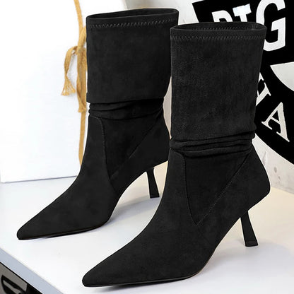 2026 New Women Pleated Elastic Boots Pointed Tip Mid-Calf Boots Women Shoes Suede Autumn Winter Boots Stilettos High Heel Boots