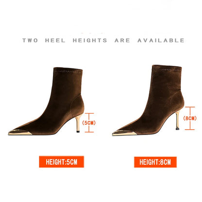 BIGTREE Shoes Metal Pointed Tip Women Boots Stilettos Heels 5 CM 8 CM Fashionable High-Heeled Boots Suede Ladies Ankle Boots