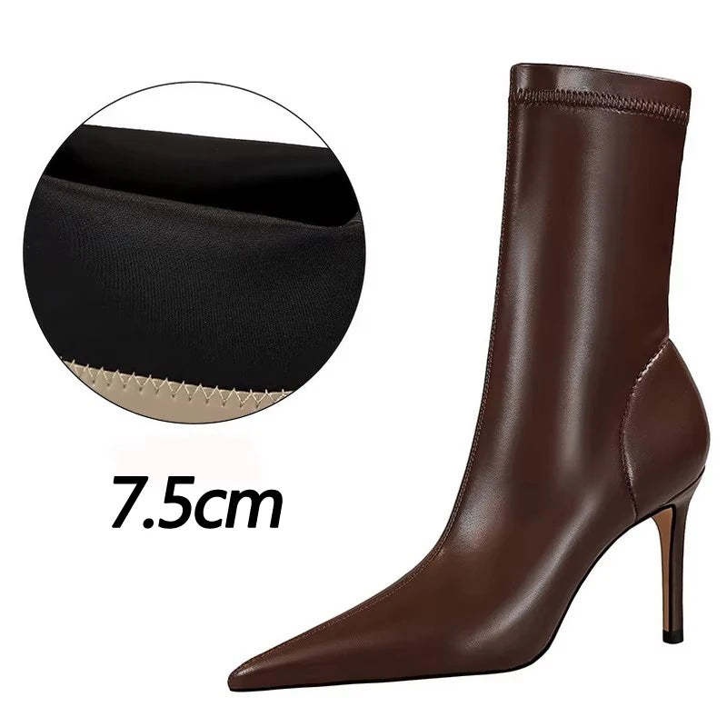 BIGTREE Shoes 2026 New Women Mid-Calf Boots Pointed Toe High-heel Boots Stiletto Heels Leather Boots Fashion Autumn Winter Boots