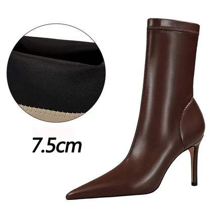 BIGTREE Shoes 2026 New Women Mid-Calf Boots Pointed Toe High-heel Boots Stiletto Heels Leather Boots Fashion Autumn Winter Boots