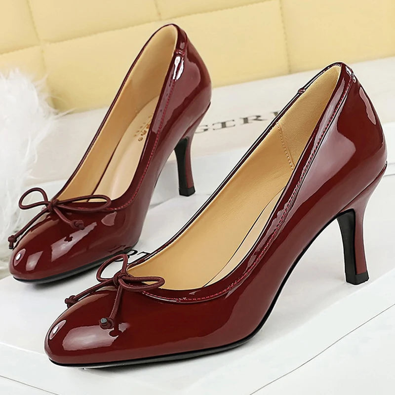 BIGTREE Shoes Round Head Women Pumps Bowknot High Heels Patent Leather Lady Office Shoes Occupation Stilettos 7 cm Heels Women