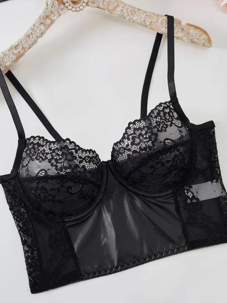 2Pcs Black Lace Bra Set French Style Women Bra Panties Breathable Mesh Underwear Elegant Ladies Ultra Thin Underwear Panties Set